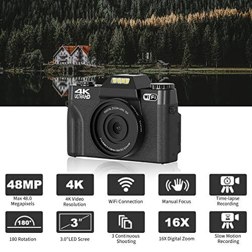 Fotografiya uchun raqamli kamera, 4K 48MP Vlogging kamerasi YouTube uchun WiFi bilan, 3 dyuymli 180 daraja aylanadigan ekran, 16X raqamli zum, 52mm keng burchakli va makro linza, 32GB TF karta va 2 batareya (qora) - 12