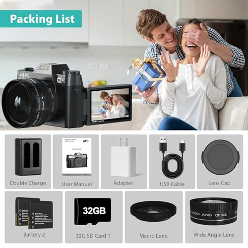 Fotografiya uchun raqamli kamera, 4K 48MP Vlogging kamerasi YouTube uchun WiFi bilan, 3 dyuymli 180 daraja aylanadigan ekran, 16X raqamli zum, 52mm keng burchakli va makro linza, 32GB TF karta va 2 batareya (qora) - WIKICO