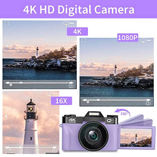 Fotografiya uchun raqamli kamera, 4K 48MP Vlogging kamerasi YouTube uchun WiFi bilan, 3 dyuymli 180 graduslik aylanuvchi ekran, 16X raqamli zum, 52 mm keng burchak va makro obyektiv, 32GB TF karta va 2 batareya (binafsha) - 7