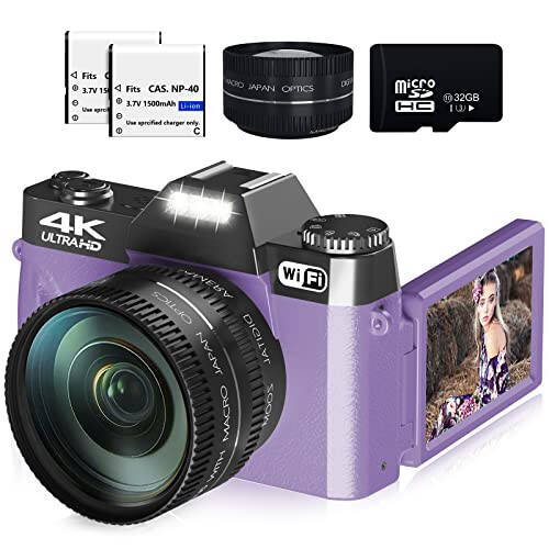 Fotografiya uchun raqamli kamera, 4K 48MP Vlogging kamerasi YouTube uchun WiFi bilan, 3 dyuymli 180 graduslik aylanuvchi ekran, 16X raqamli zum, 52 mm keng burchak va makro obyektiv, 32GB TF karta va 2 batareya (binafsha) - 6