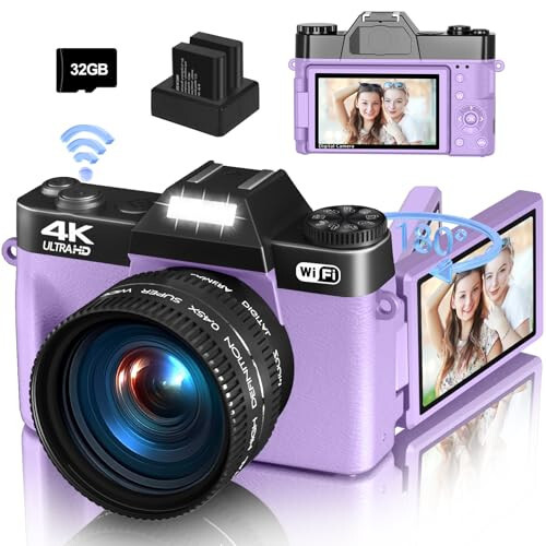 Fotografiya uchun raqamli kamera, 4K 48MP Vlogging kamerasi YouTube uchun WiFi bilan, 3 dyuymli 180 graduslik aylanuvchi ekran, 16X raqamli zum, 52 mm keng burchak va makro obyektiv, 32GB TF karta va 2 batareya (binafsha) - 11