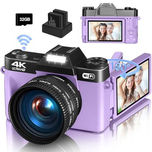 Fotografiya uchun raqamli kamera, 4K 48MP Vlogging kamerasi YouTube uchun WiFi bilan, 3 dyuymli 180 graduslik aylanuvchi ekran, 16X raqamli zum, 52 mm keng burchak va makro obyektiv, 32GB TF karta va 2 batareya (binafsha) - 11