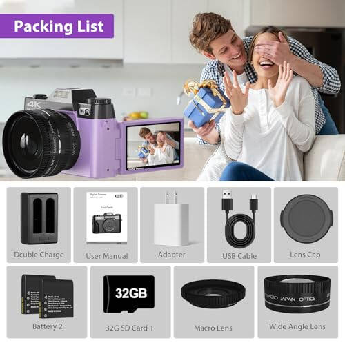 Fotografiya uchun raqamli kamera, 4K 48MP Vlogging kamerasi YouTube uchun WiFi bilan, 3 dyuymli 180 graduslik aylanuvchi ekran, 16X raqamli zum, 52 mm keng burchak va makro obyektiv, 32GB TF karta va 2 batareya (binafsha) - 1