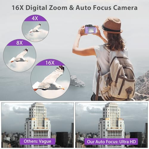 Fotografiya uchun raqamli kamera, 4K 48MP Vlogging kamerasi YouTube uchun WiFi bilan, 3 dyuymli 180 graduslik aylanuvchi ekran, 16X raqamli zum, 52 mm keng burchak va makro obyektiv, 32GB TF karta va 2 batareya (binafsha) - 3