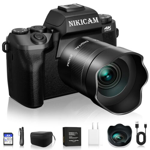 Fotografiya uchun raqamli kameralar, NIKICAM 4K 64MP WiFi Vlogging kamerasi YouTube uchun ikkita kamera bilan, 4” sensorli ekranli ixcham kamera flesh bilan, 32GB SD karta, linza qalpoqchasi va 3000mAH batareya - Qora - 7