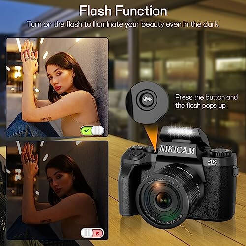 Fotografiya uchun raqamli kameralar, NIKICAM 4K 64MP WiFi Vlogging kamerasi YouTube uchun ikkita kamera bilan, 4” sensorli ekranli ixcham kamera flesh bilan, 32GB SD karta, linza qalpoqchasi va 3000mAH batareya - Qora - 12