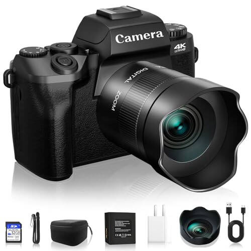 Fotografiya uchun raqamli kameralar, NIKICAM 4K 64MP WiFi Vlogging kamerasi YouTube uchun ikkita kamera bilan, 4” sensorli ekranli ixcham kamera flesh bilan, 32GB SD karta, linza qalpoqchasi va 3000mAH batareya - Qora - 1