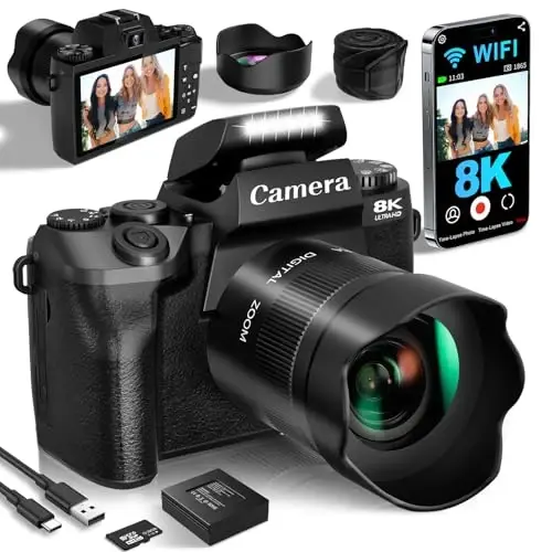 Fotografiya uchun raqamli kameralar, YouTube uchun 8K 64MP Vlogging kamerasi 4 dyuymli sensorli ekran, LED to'ldiruvchi yorug'likli ikki tomonlama old/orqa kameralar, 3000mAh batareya, ob'ektiv qalpoqchasi, issiq oyoq va 32GB TF karta - MODAZONE