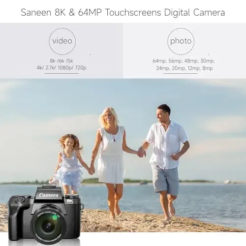 Fotografiya uchun raqamli kameralar, YouTube uchun 8K 64MP Vlogging kamerasi 4 dyuymli sensorli ekran, LED to'ldiruvchi yorug'likli ikki tomonlama old/orqa kameralar, 3000mAh batareya, ob'ektiv qalpoqchasi, issiq oyoq va 32GB TF karta - MODAZONE (1)