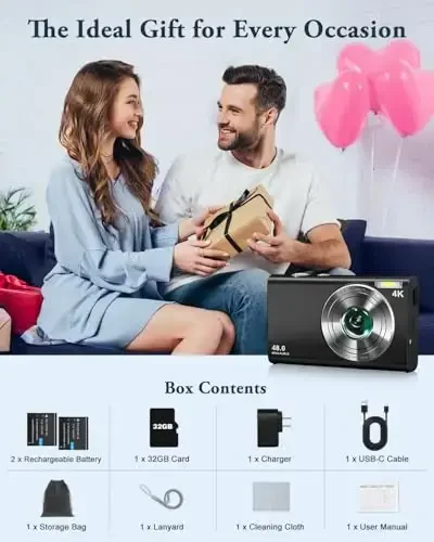 Fotosurat va video uchun 4K raqamli kamera, avtofokus, titrashga qarshi, 16X zum, 48MP nuqtali kamera, o'smirlar va kattalar uchun 32 GB kartali, 2 batareyali, zaryadlovchili kamera (qora) - 7