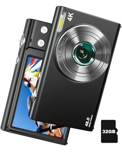 Fotosurat va video uchun 4K raqamli kamera, avtofokus, titrashga qarshi, 16X zum, 48MP nuqtali kamera, o'smirlar va kattalar uchun 32 GB kartali, 2 batareyali, zaryadlovchili kamera (qora) - 1