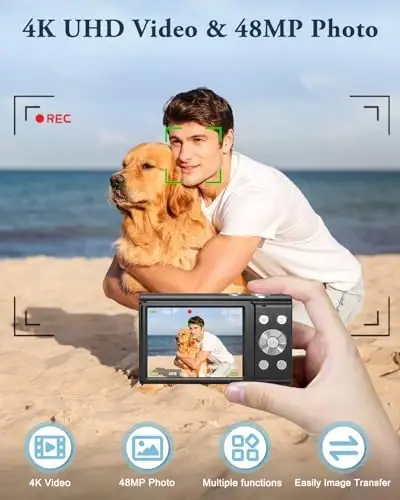 Fotosurat va video uchun 4K raqamli kamera, avtofokus, titrashga qarshi, 16X zum, 48MP nuqtali kamera, o'smirlar va kattalar uchun 32 GB kartali, 2 batareyali, zaryadlovchili kamera (qora) - 3