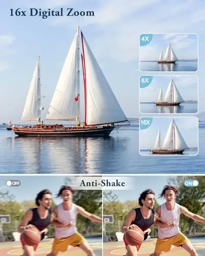 Fotosurat va video uchun 4K raqamli kamera, avtofokus, titrashga qarshi, 16X zum, 48MP nuqtali kamera, o'smirlar va kattalar uchun 32 GB kartali, 2 batareyali, zaryadlovchili kamera (qora) - 4