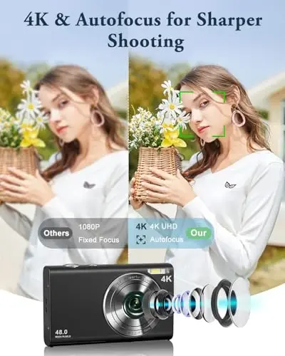 Fotosurat va video uchun 4K raqamli kamera, avtofokus, titrashga qarshi, 16X zum, 48MP nuqtali kamera, o'smirlar va kattalar uchun 32 GB kartali, 2 batareyali, zaryadlovchili kamera (qora) - IGXHAVIZ (1)