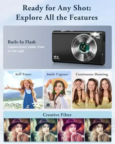 Fotosurat va video uchun 4K raqamli kamera, avtofokus, titrashga qarshi, 16X zum, 48MP nuqtali kamera, o'smirlar va kattalar uchun 32 GB kartali, 2 batareyali, zaryadlovchili kamera (qora) - 5