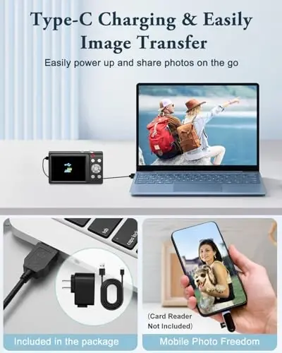 Fotosurat va video uchun 4K raqamli kamera, avtofokus, titrashga qarshi, 16X zum, 48MP nuqtali kamera, o'smirlar va kattalar uchun 32 GB kartali, 2 batareyali, zaryadlovchili kamera (qora) - 6
