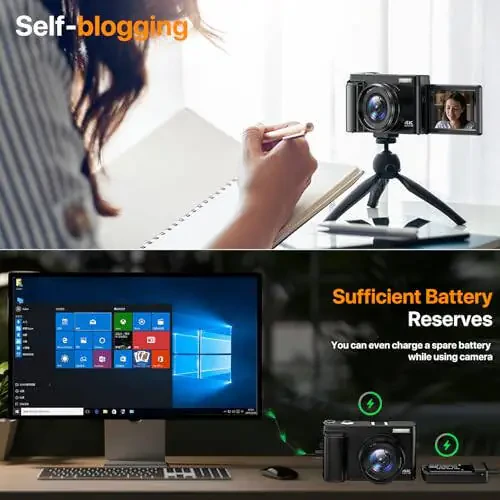Fotosuratga olish uchun 4K raqamli kamera Avtomatik fokuslash YouTube videosi uchun Vlogging kamerasi 3'' 180° buruvchi ekranli 16X Anti-zilzila 4K kamera Kompakt kameralar SD karta, chaqmoq, 2 batareya va batareya zaryadlovchi bilan - 4