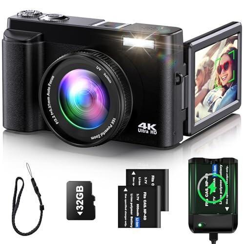Fotosuratga olish uchun 4K raqamli kamera Avtomatik fokuslash YouTube videosi uchun Vlogging kamerasi 3'' 180° buruvchi ekranli 16X Anti-zilzila 4K kamera Kompakt kameralar SD karta, chaqmoq, 2 batareya va batareya zaryadlovchi bilan - YIGLLO