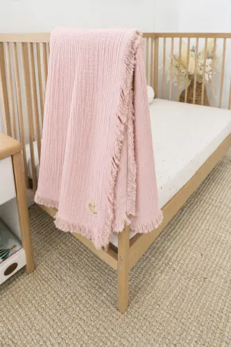 Four-Layer Tasseled Organic Muslin Blanket 80X120 Cm Powder Pink - POWDER PINK 