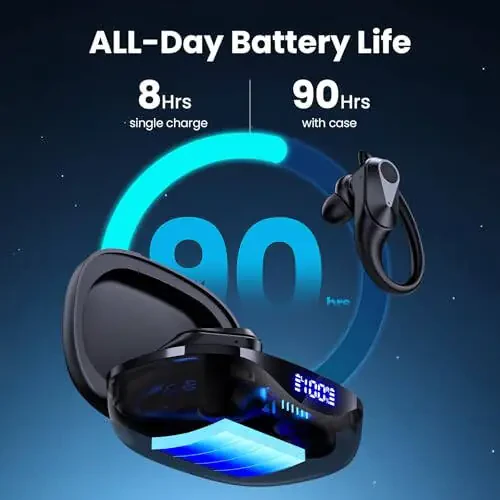 FOYCOY Беспроводные наушники Bluetooth-наушники 90 часов времени воспроизведения Наушники IPX7 Водонепроницаемые спортивные наушники Беспроводной зарядный чехол Заушные наушники-крючки Наушники - 3