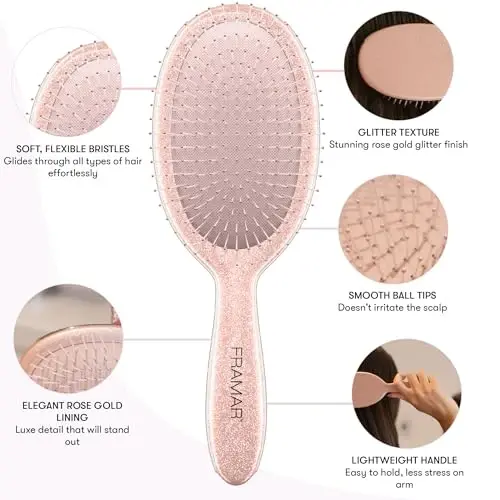 FRAMAR Glitter Hair Brush Detangler, Detangling Hairbrush For Women, Wet Hair Brush For Girls, Hair Detangler Brush, Wet Hairbrush, Hairbrushes, Girls Hairbrush Detangler, Reduces Frizz – Rosé - 2