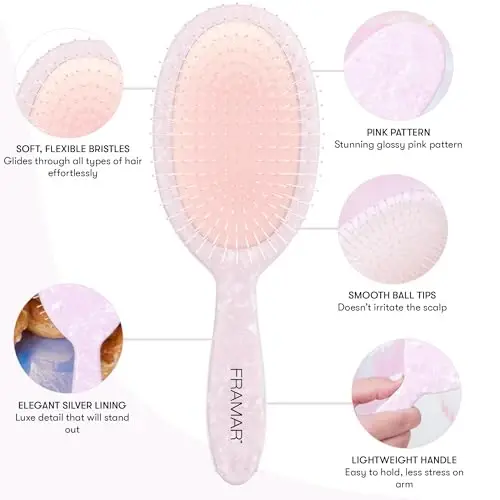 FRAMAR Iridescent Wet Hair Brush Detangler – Jingalak sochlar uchun chalkashlikni yechuvchi cho'tka, bolalar uchun soch chalkashligini yechuvchi cho'tka, Holografik qizlar uchun soch cho'tkasi, ayollar uchun pushti soch cho'tkasi – tortmasdan tugunlarni yechadi - 3