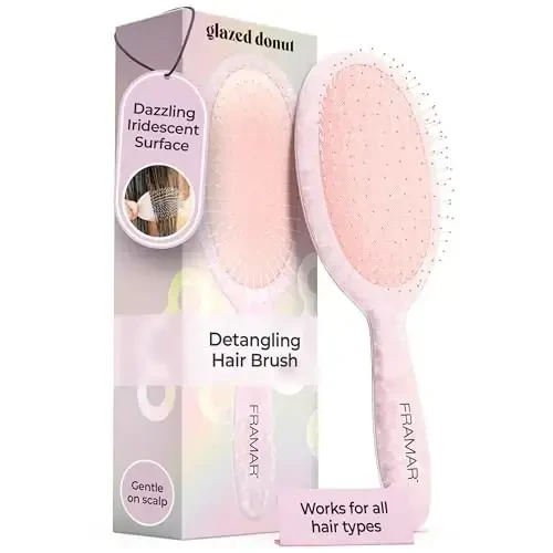 FRAMAR Iridescent Wet Hair Brush Detangler – Jingalak sochlar uchun chalkashlikni yechuvchi cho'tka, bolalar uchun soch chalkashligini yechuvchi cho'tka, Holografik qizlar uchun soch cho'tkasi, ayollar uchun pushti soch cho'tkasi – tortmasdan tugunlarni yechadi - 1