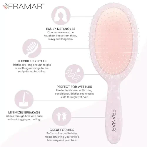 FRAMAR Iridescent Wet Hair Brush Detangler – Jingalak sochlar uchun chalkashlikni yechuvchi cho'tka, bolalar uchun soch chalkashligini yechuvchi cho'tka, Holografik qizlar uchun soch cho'tkasi, ayollar uchun pushti soch cho'tkasi – tortmasdan tugunlarni yechadi - 2