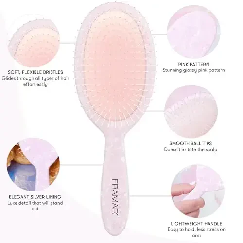 FRAMAR Iridescent Wet Hair Brush Detangler – Jingalak sochlar uchun chalkashlikni yechuvchi cho'tka, bolalar uchun soch chalkashligini yechuvchi cho'tka, Holografik qizlar uchun soch cho'tkasi, ayollar uchun pushti soch cho'tkasi – tortmasdan tugunlarni yechadi - 3