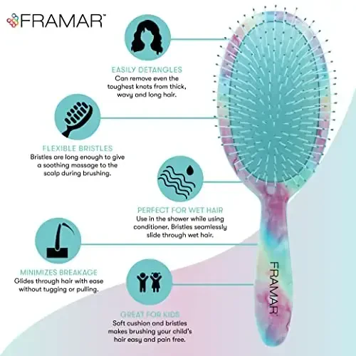 FRAMAR Purple Hair Brush Detangler, Detangling Hairbrush For Women, Wet Hair Brush For Girls, Hair Detangler Brush, Wet Hairbrush, Hairbrushes, Girls Hairbrush Detangler, Reduces Frizz – Tie Dye - 3