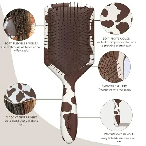 FRAMAR Paddle Hair Brush Detangler, Ayollar uchun sochlarini yechadigan soch cho'tkasi, Qizlar uchun ho'l soch cho'tkasi, Soch yechadigan cho'tka, Ho'l soch cho'tkasi, Soch cho'tkalari, Qizlar soch cho'tkasi Detangler, Jilizlikni kamaytiradi - Sigir naqsh - 6