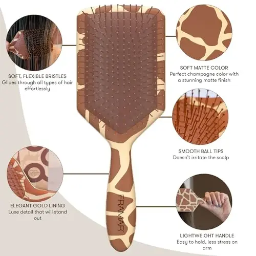 FRAMAR Paddle Hair Brush Detangler, Ayollar uchun sochlarini yechuvchi taroq, Qizlar uchun ho'l sochlarni taroq, Soch yechuvchi taroq, Ho'l sochlar uchun taroq, Soch taroklari, Qizlar uchun soch yechuvchi taroq, Jilovsizlikni kamaytiradi - Jirafa - 4