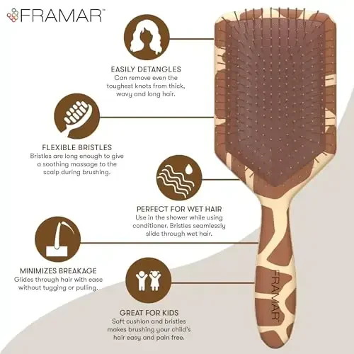FRAMAR Paddle Hair Brush Detangler, Ayollar uchun sochlarini yechuvchi taroq, Qizlar uchun ho'l sochlarni taroq, Soch yechuvchi taroq, Ho'l sochlar uchun taroq, Soch taroklari, Qizlar uchun soch yechuvchi taroq, Jilovsizlikni kamaytiradi - Jirafa - 2