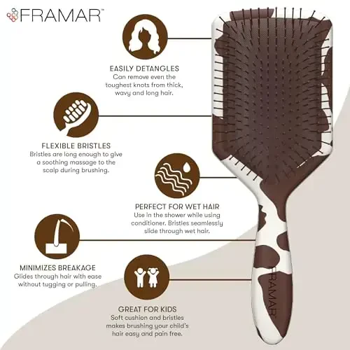 FRAMAR Paddle Hair Brush Detangler, Detangling Hairbrush For Women, Wet Hair Brush For Girls, Hair Detangler Brush, Wet Hairbrush, Hairbrushes, Girls Hairbrush Detangler, Reduces Frizz – Cow Print - FRAMAR (1)
