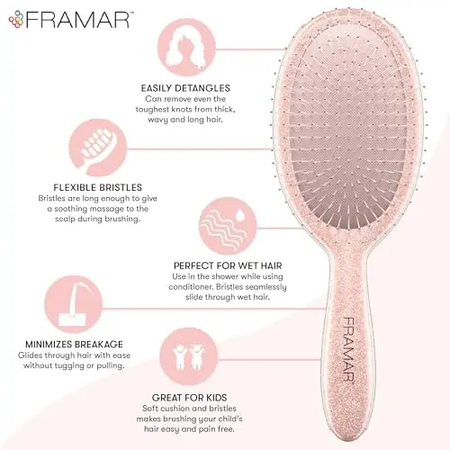 FRAMAR Glitter Hair Brush Detangler, Detangling Hairbrush For Women, Wet Hair Brush For Girls, Hair Detangler Brush, Wet Hairbrush, Hairbrushes, Girls Hairbrush Detangler, Reduces Frizz – Rosé - 4