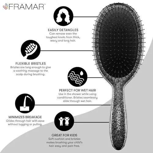 FRAMAR Glitter Hair Brush Detangler, Detangling Hairbrush For Women, Wet Hair Brush For Girls, Hair Detangler Brush, Wet Hairbrush, Hairbrushes, Girls Hairbrush Detangler, Reduces Frizz - Black - 4