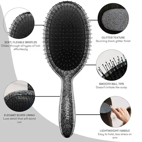 FRAMAR Glitter Hair Brush Detangler, Detangling Hairbrush For Women, Wet Hair Brush For Girls, Hair Detangler Brush, Wet Hairbrush, Hairbrushes, Girls Hairbrush Detangler, Reduces Frizz - Black - 2