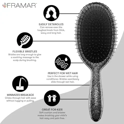 FRAMAR Glitter Hair Brush Detangler, Detangling Hairbrush For Women, Wet Hair Brush For Girls, Hair Detangler Brush, Wet Hairbrush, Hairbrushes, Girls Hairbrush Detangler, Reduces Frizz - Black - 4