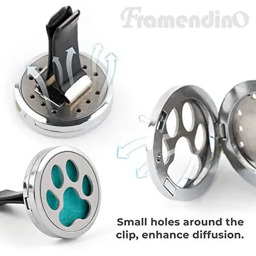 Framendino, 1 Pack Dog Paw Print Essential Oil Diffuser Aromatherapy Car Diffuser Vent Clip Stainless Steel Air Freshener Lockets for Men Women Gifts Silver - 6