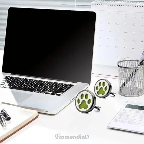 Framendino, 1 Pack Dog Paw Print Essential Car Oil Diffuser with 10 Felt Refill Pads Aromatherapy AIR Freshener Vent Clip Lockets for Men Women Gifts Black - 6