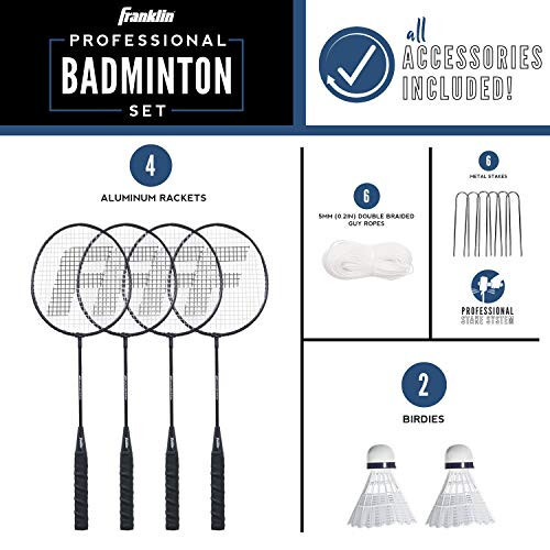 Franklin Sports Badminton Net Sets - Outdoor Backyard + Beach Badminton Net + Equipment Set - (4) Rackets + (2) Birdies + Portable Net Included - Adults + Kids Set - 6