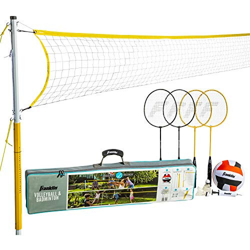 Franklin Sports Volleyball + Badminton Combo Sets - Backyard + Beach Outdoor Volleyball + Badminton Net Set - Portable Badminton + Volleyball Net with Poles - Volleyball, Rackets + Birdies Included - 1