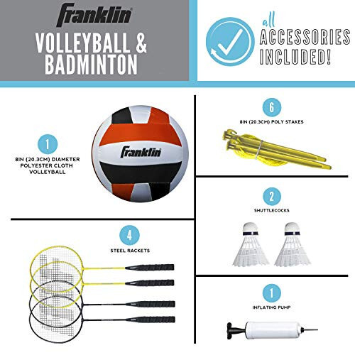 Franklin Sports Volleyball + Badminton Combo Sets - Backyard + Beach Outdoor Volleyball + Badminton Net Set - Portable Badminton + Volleyball Net with Poles - Volleyball, Rackets + Birdies Included - 2