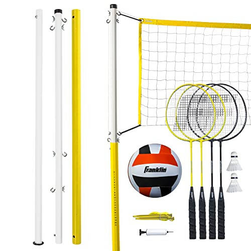 Franklin Sports Volleyball + Badminton Combo Sets - Backyard + Beach Outdoor Volleyball + Badminton Net Set - Portable Badminton + Volleyball Net with Poles - Volleyball, Rackets + Birdies Included - 3