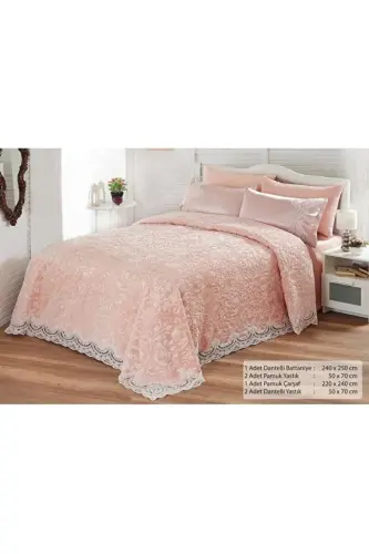 Fransız Dantelli Çift Kişilik Battaniye Takımı Çeyizlik Yatak Örtüsü Seti (KUTUSUZ) - Pembe 