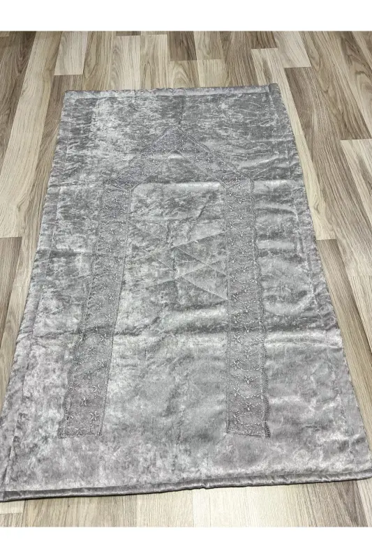 Fransız Güpür İşlemeli Kadife Çeyizlik Gelin Seti Seccadesi - GRİ - 2