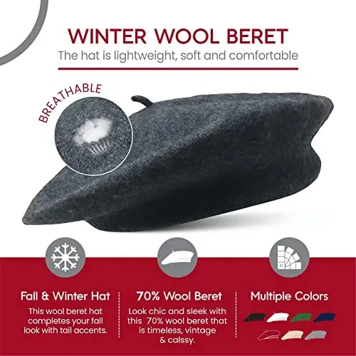 French Wool Beret Hat - Classic Stretchable - One Size Fits Most - Solid Color - Stylish Chic Parisian - 4