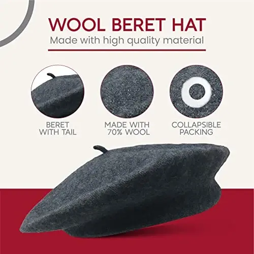 French Wool Beret Hat - Classic Stretchable - One Size Fits Most - Solid Color - Stylish Chic Parisian - 5