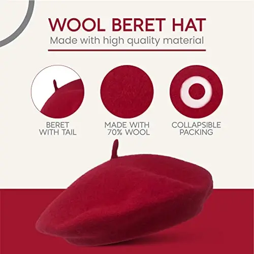 French Wool Beret Hat - Classic Stretchable - One Size Fits Most - Solid Color - Stylish Chic Parisian - 5