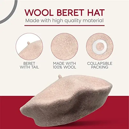 Pink French Wool Beret Hat - Classic Stretchable - One Size Fits Most - Solid Color - Stylish Chic Parisian - 4